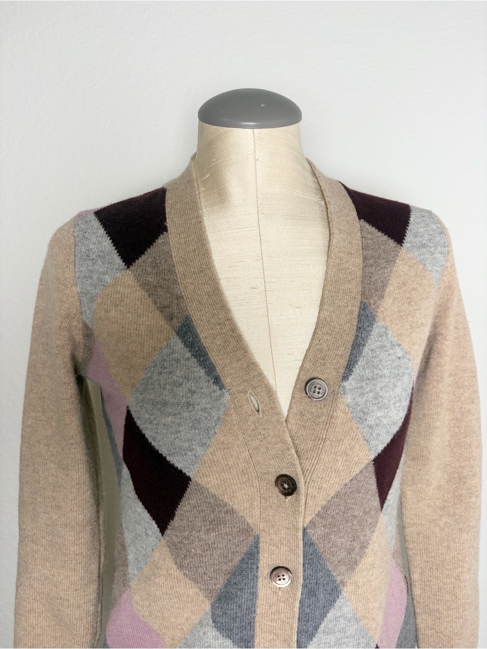 Brooks Brothers Argyle Button-Front 100% Lambswool Cardigan Sweater Tan XS - Picture 5 of 9